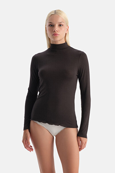 Eros Μακρυμάνικο μπλουζάκι με ζιβάγκο από κασμίρ σε σκούρο καφέ χρώμα