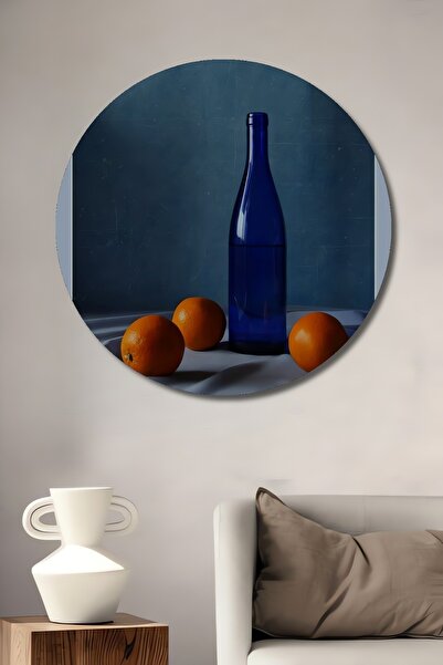 Teona Ahşap Tablou decorativ rotund din lemn, sticla albastra si portocale