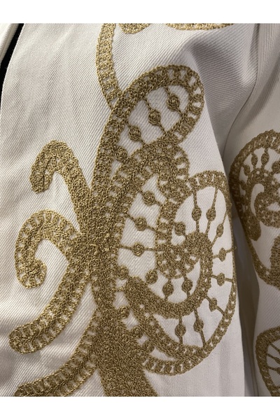 QUSİ Women's Embroidered Stone-Embellished Long Sleeve Cotton Cashmere Jacket