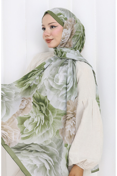 sefamerve Şal cu model din bumbac 70322-12 kaki