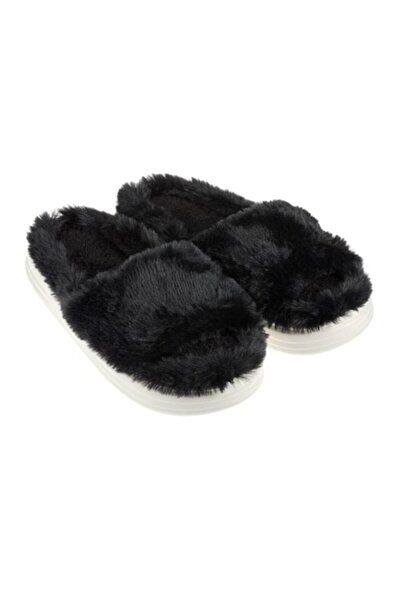 ANTBRO Papuci de casă pentru femei, cu blană artificială neagră, talpă antide...