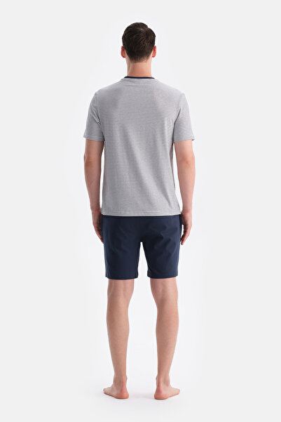 Eros Navy Blue Short Sleeve Pocket and Embroidery Detailed T-Shirt Pants Pajama Set