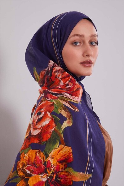 Levidor Lacivert Gül Desen Pamuk Şal