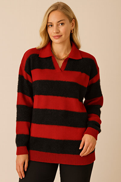 Minora Pulover cu barbă în dungi cu guler polo roșu pentru femei MinoraLady