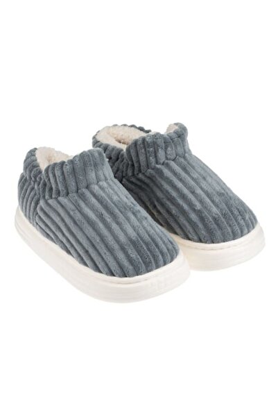 ANTBRO - Women's Home Slippers, Gray Ribbed with Faux Fur, Non-Slip Sole, Size 36-37
