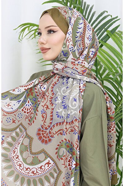 sefamerve Desenli Soft Şal 70314-19 Yağ Yeşili Vizon