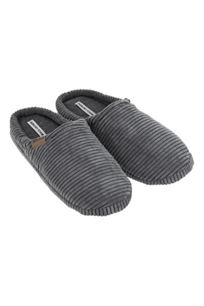 ANTBRO Home Slippers Antbro® for Men, Gray with Horizontal Lines and Faux Leather Patch, Size 45-46