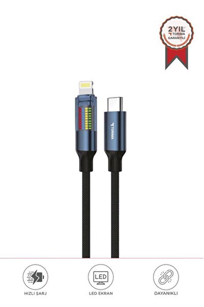 Torima Şarj Kablosu Type-C to Lightning Led Ekranlı Hızlı 27W Örgü Data Kablo U21 Siyah
