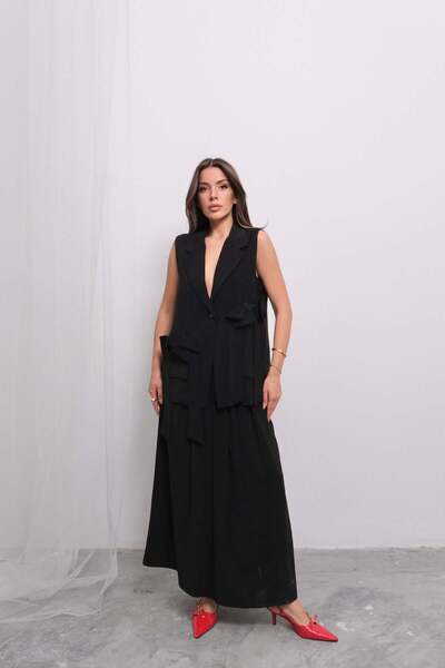 Hatun Atila Trend Double Breasted Tie-Up Vest and Long Skirt Set D004 - Black