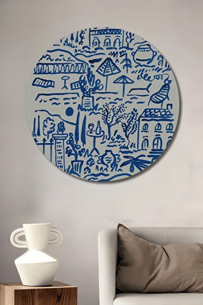 Teona Ahşap Tablou decorativ rotund din lemn, desene albastre de peisaj