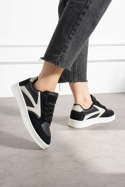 NAVİSHOES Siyah Beyaz Kadın Bağcıklı Spor Ayakkabı Sneaker Günlük Okul 121NAV