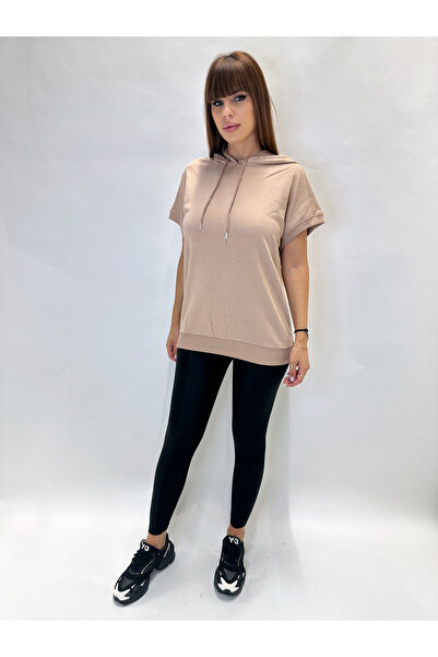 IFASTFASHION Bluză hanorac damă bej cu mânecă scurtă și glugă – model casual ...