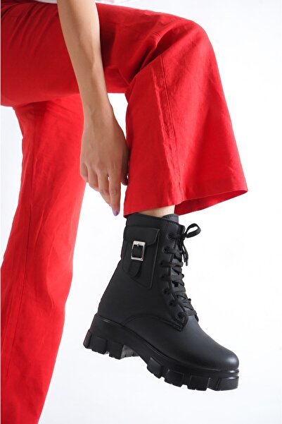 BİKAJOO Kadın Siyah Cepli Kancalı Içi Kürklü Fermuarlı Postal Bot&bootie BKJ0206