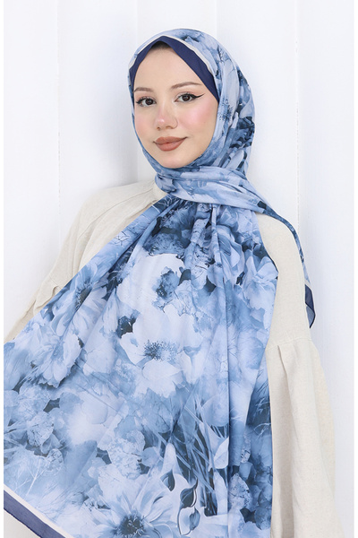 sefamerve Şal cu model din bumbac 70324-12 Albastru bleumarin Albastru denim