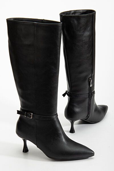 RİSSOLİ Γυναικείες μπότες με μαύρο δέρμα με μυτερή μύτη με λεπτό τακούνι