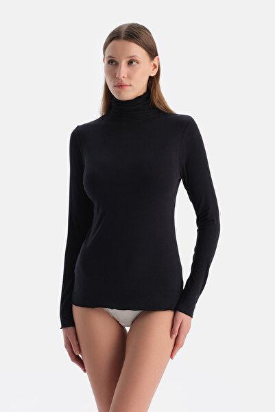 Eros Black Modal Cashmere High Neck Long Sleeve Top