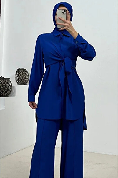 Tesettür Diyarı Παντελόνι με δέσιμο μπροστά από ύφασμα Μεδίνας, με σχέδιο ρίγ...