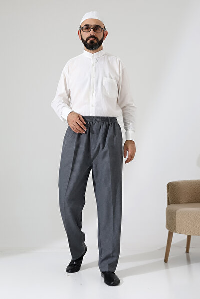 ihvan online Erkek Hac Umre Graf Kareli Kumaş Pantolon, Beli Lastikli Cepli - Gri (ISR)