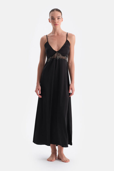 Eros Black Lace Detailed Satin Bridal Nightgown
