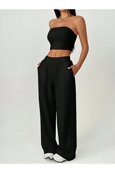 ELASSEL Χειμερινό σαρούνιστο μαύρο γυναικείο φαρδύ παντελόνι μεγάλου μεγέθους...