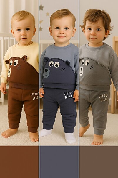 dinamik çocuk Erkek Bebek Little Bear Ayıcık Detaylı 2li Takım 3iplik Kışlık Sweatshirt ve Alt %100pamuk 6-24ay