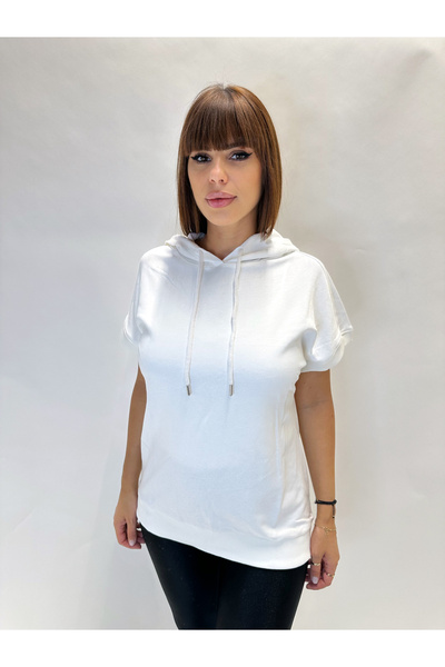IFASTFASHION Bluză hanorac damă bej cu mânecă scurtă și glugă – model casual ...