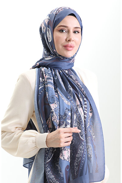 sefamerve Wzorzysty miękki szal 70313-08 Dżinsowy niebieski