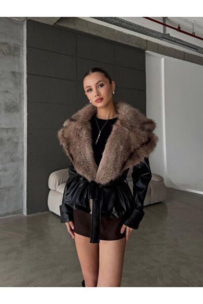 VESS MODA Trench din piele cu curea, model de marcă, cu detaliu de blană la g...