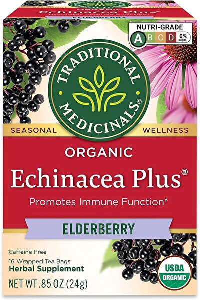TRADITIONAL MEDICINALS Organic Echinacea Plus Elderberry Tea, 16 Bags