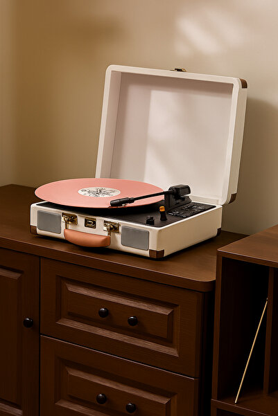 TECHNOMEN Taşınabilir Bluetooth Pikap – Retro Valiz Tasarımlı Plak Çalar