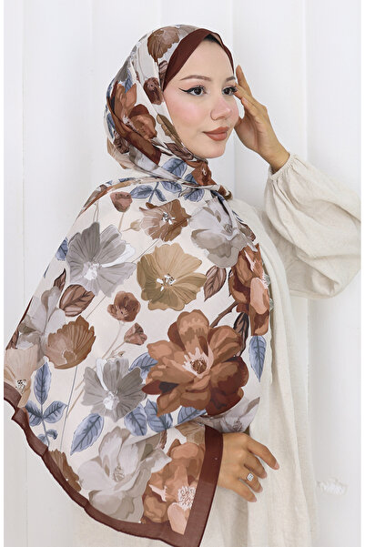 sefamerve Desenli Pamuklu Koza Şal 70323-02 Kahverengi
