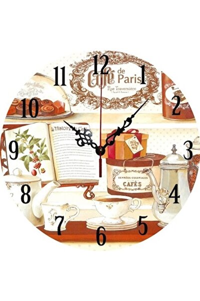 OEM Round Wooden Wall Clock, Coffee Design, Diameter 34 cm