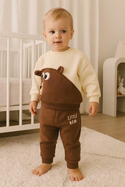 dinamik çocuk Baby Boy Little Bear Teddy Bear Detailed 2-Piece Set 3-Piece Winter Sweatshirt and Bottoms 100% Cotton 6-24 Months
