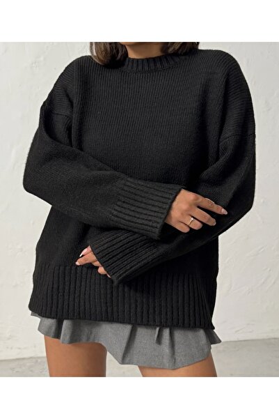 Avueco pulover de tricotat pentru femei, negru, cu textura moale, guler rotun...