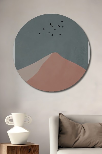 Teona Ahşap Tablou decorativ cu cadru rotund din lemn, cu aspect de păsări zburătoare, vârf de munte
