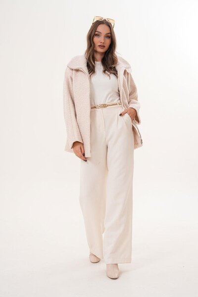 Flame İstanbul Butik με ρέλι Μακρύ σγουρό κρεμ παλτό με φερμουάρ μπροστά SRP1200