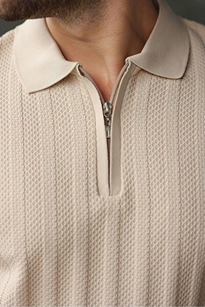 Madmext Taş Rengi Yarım Fermuarlı Polo Yaka Triko Kazak E7426