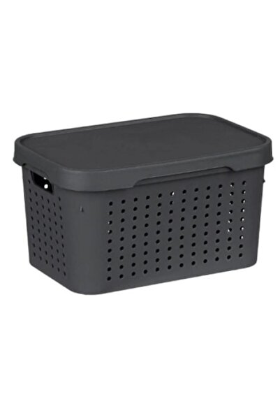 ANTBRO ® Braided Perforated Storage Basket with Lid and Handles, Anthracite Color, 36x27x21.5 cm, 17