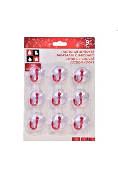 Merry Christmas Set of 9 suction cups with hook for hanging decorations and installations, red