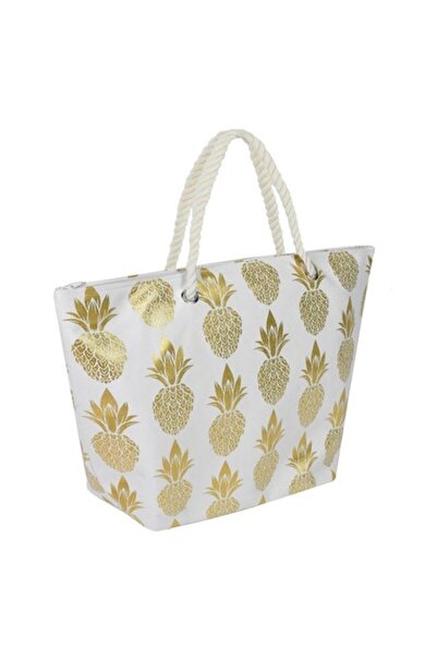 Nebunici Beach bag, golden pineapple pattern, beige/gold, 55 x 18 x 40 cm,