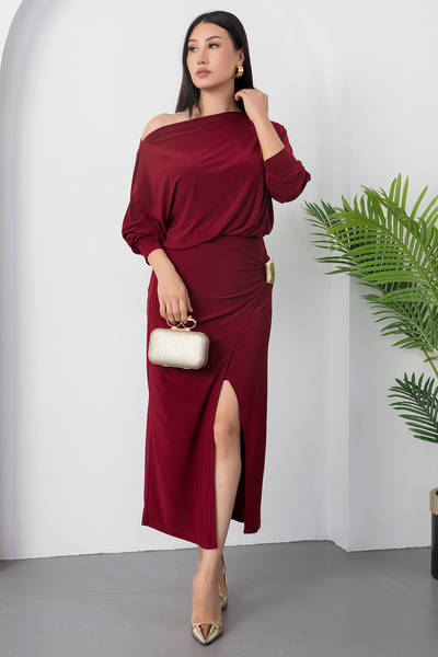 PULLIMM Kayık Yaka Beli Tokalı Sandy Elbise DKS1328