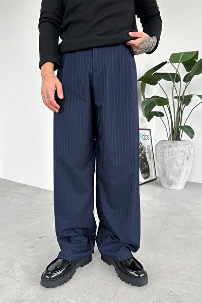 HAFKAGİYİM Lacivert Parfe Çizgili Beli Lastikli Premium Kumaş Pantolon