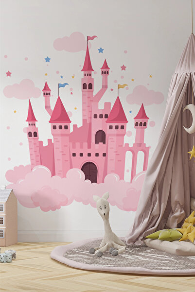 SDİGİTAL Disney Tarzı Pembe Şato Duvar Sticker Seti | Yıldız Bulut ve Kale Fi...