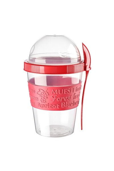 NO BRAND Food Storage Container, Plastic, with Spoon, 600 ml, Red/Transparent