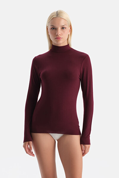 Eros Burgundy Modal Cashmere Turtleneck Long Sleeve Top