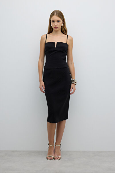 Roman Taş Baskılı Beli Lastikli Midi Boy Etek Siyah K2615021_001