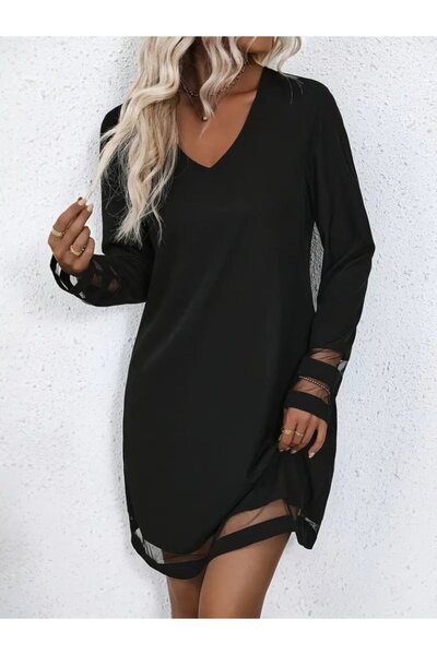 Wear Up Women's Long Sleeve V Neck Stripe Tulle Detailed Imported Crepe Dress