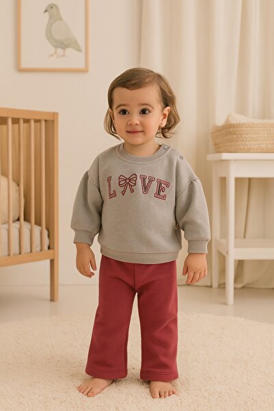 dinamik çocuk Baby Girl Love Embroidered 2-Piece Set Sweatshirt and Sweatpants 3-Thread Ribbed Winter 6-24 Months
