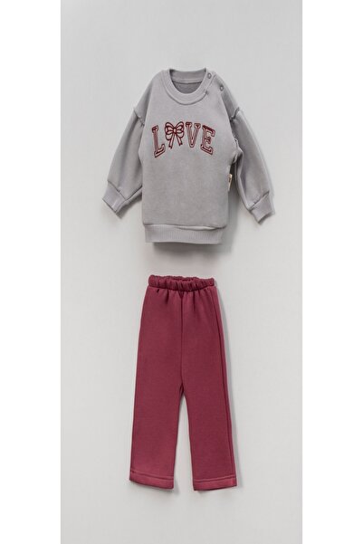 dinamik çocuk Baby Girl Love Embroidered 2-Piece Set Sweatshirt and Sweatpants 3-Thread Ribbed Winter 6-24 Months