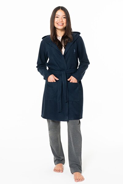 U.S. Polo Assn. Women's Long Thin Soft Fleece Robe S26127 with Hood with Belt with Pockets